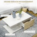 Table basse rectangulaire design contemporain 2 tiroirs 2 niches étagère verre trempé panneaux blanc aspect chêne clair