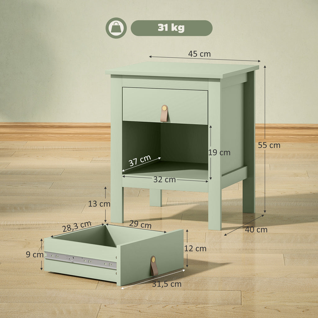 Lot de 2 tables de chevet avec tiroir et compartiment ouvert, 45 x 40 x 55 cm, vert