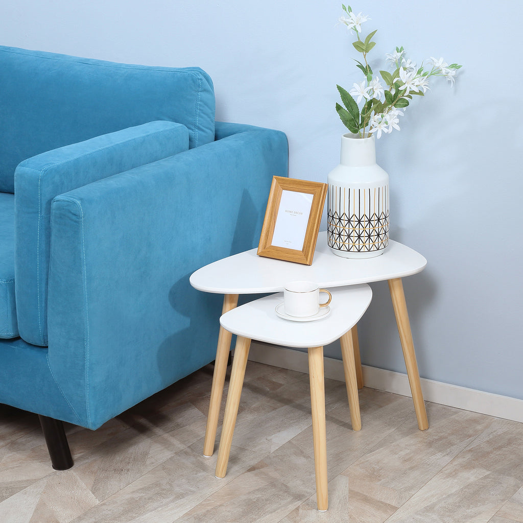 Lot de 2 tables basses gigognes design scandinave pieds en bois et plateau en bois, blanc