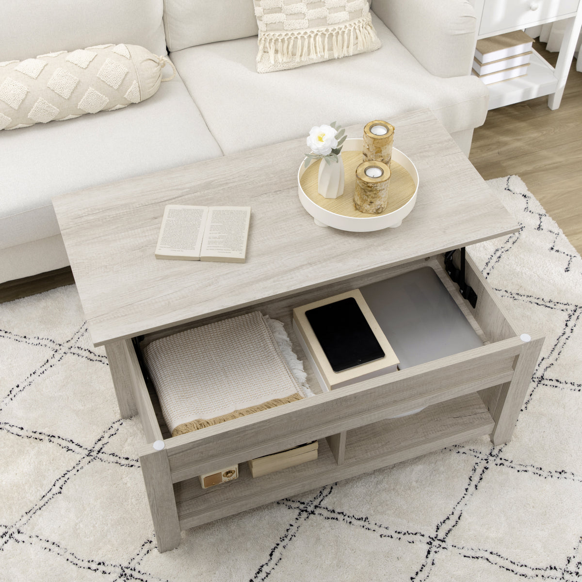 Table basse plateau relevable, table de salon avec étagères et compartiment caché,105 x 50 x 49-62,5 cm pour salon, chambre, aspect chêne clair