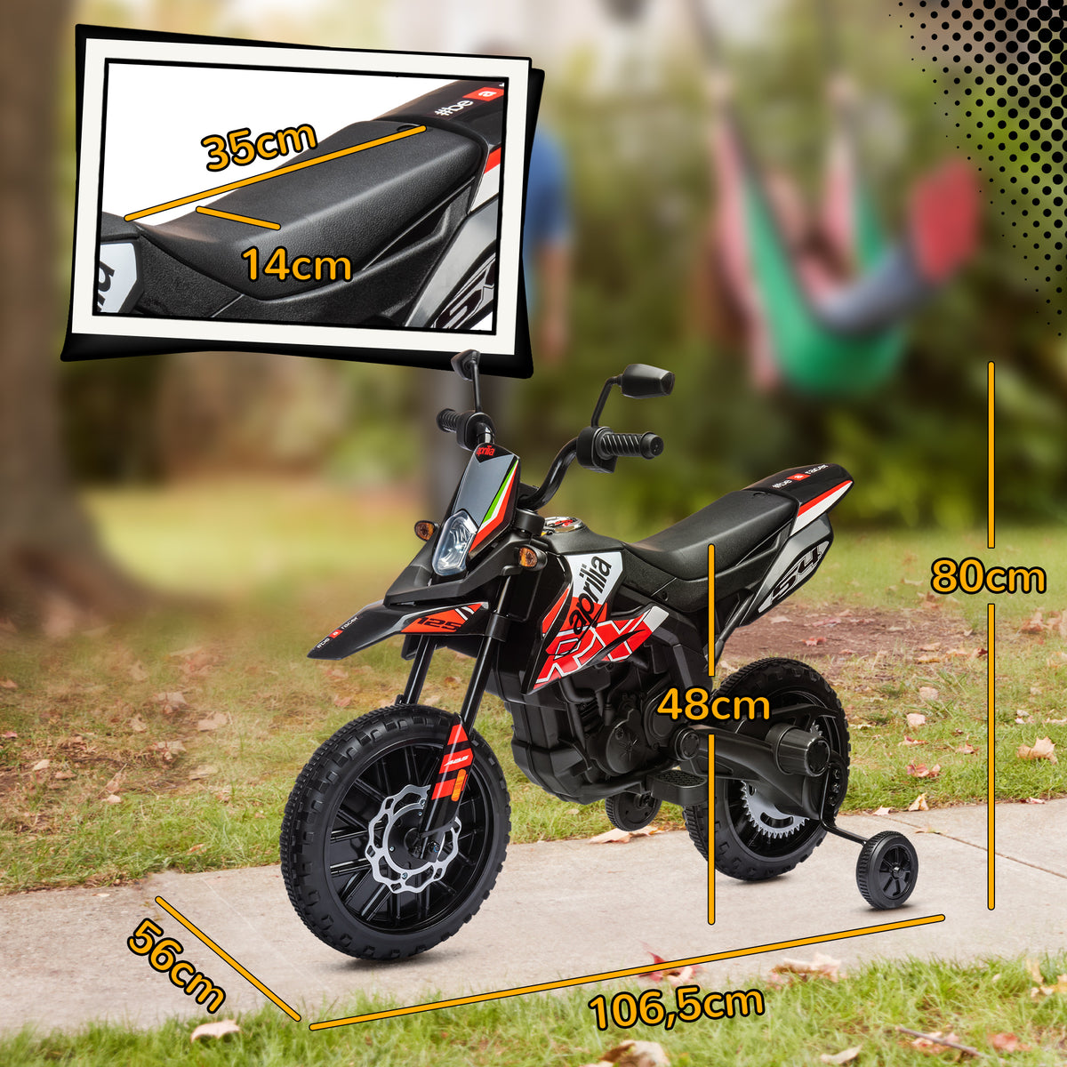 Moto électrique enfants sous licence Aprilia avec 2 moteurs 12V, roues d'entraînement, lumière LED, musique - rouge
