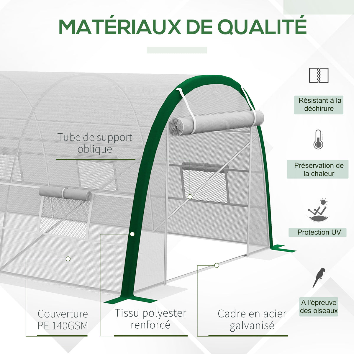 Serre de Jardin Tunnel 18 m² dim. 6L x 3l x 2H m - 8 fenêtres, Porte zippée Enroulable, Acier galvanisé, bâche PE, Blanc