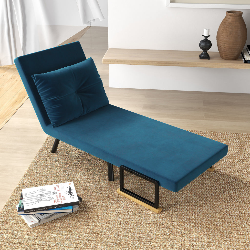Fauteuil convertible 3 en 1 lit 1 place dossier 5 positions, accoudoirs en bois et coussin, tissu effet velours, bleu