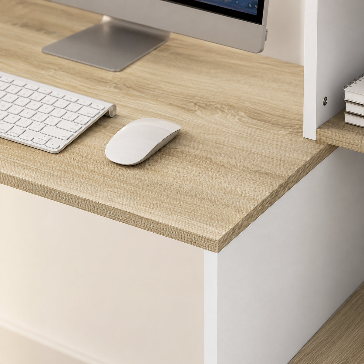 Bureau Informatique, 114 x 45 x 138 cm, Bureau avec Rangement, Étagères Ouvertes et Support UC, Blanc et Bois Naturel