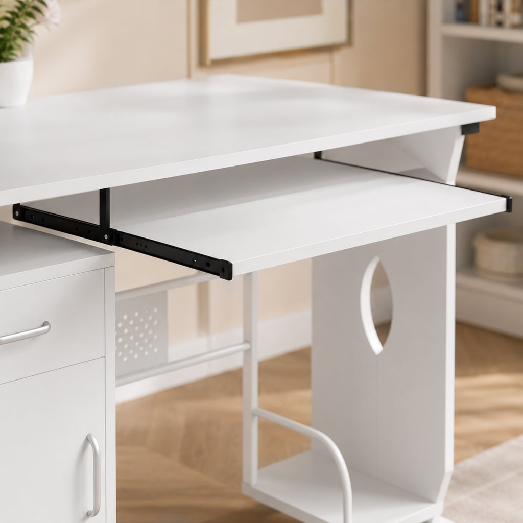 Bureau d'ordinateur, 100 x 52 x 75 cm, tablette coulissante pour clavier, tiroirs et support d'unité centrale, blanc