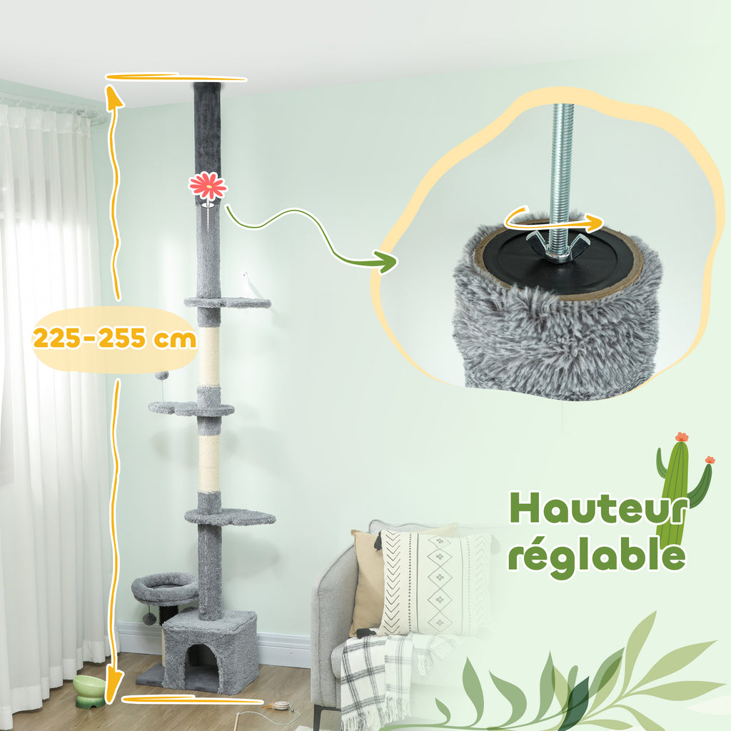Arbre à chat du sol au plafond, tour à chat réglable en hauteur 225-255 cm à plusieurs niveaux, revêtement peluche, gris