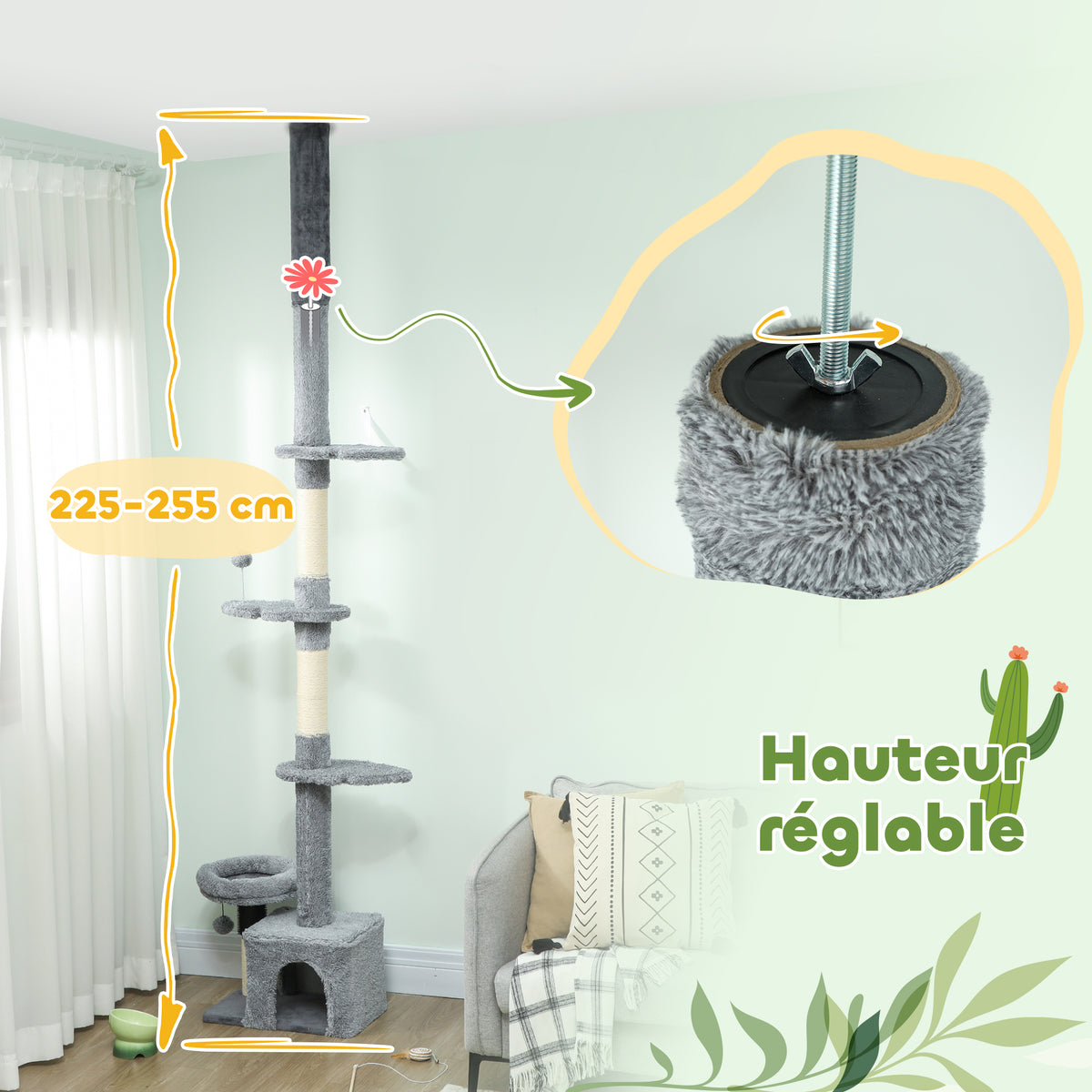 Arbre à chat du sol au plafond, tour à chat réglable en hauteur 225-255 cm à plusieurs niveaux, revêtement peluche, gris