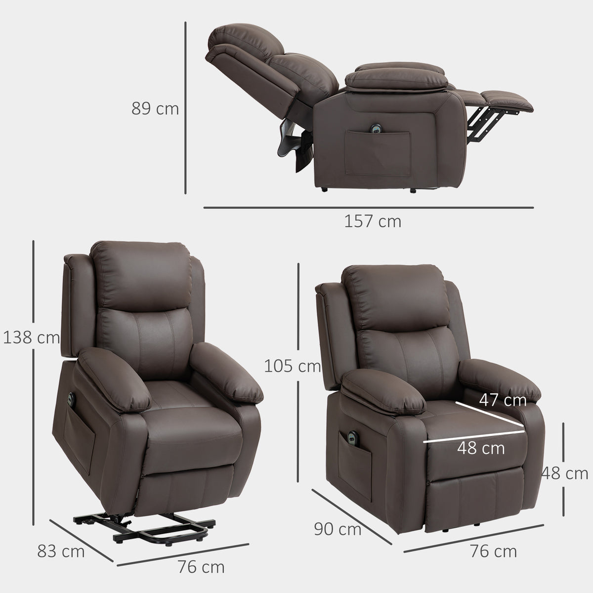 Fauteuil releveur électrique fauteuil relax électrique avec repose-pied télécommande et 2 pochettes 76x90x105cm marron