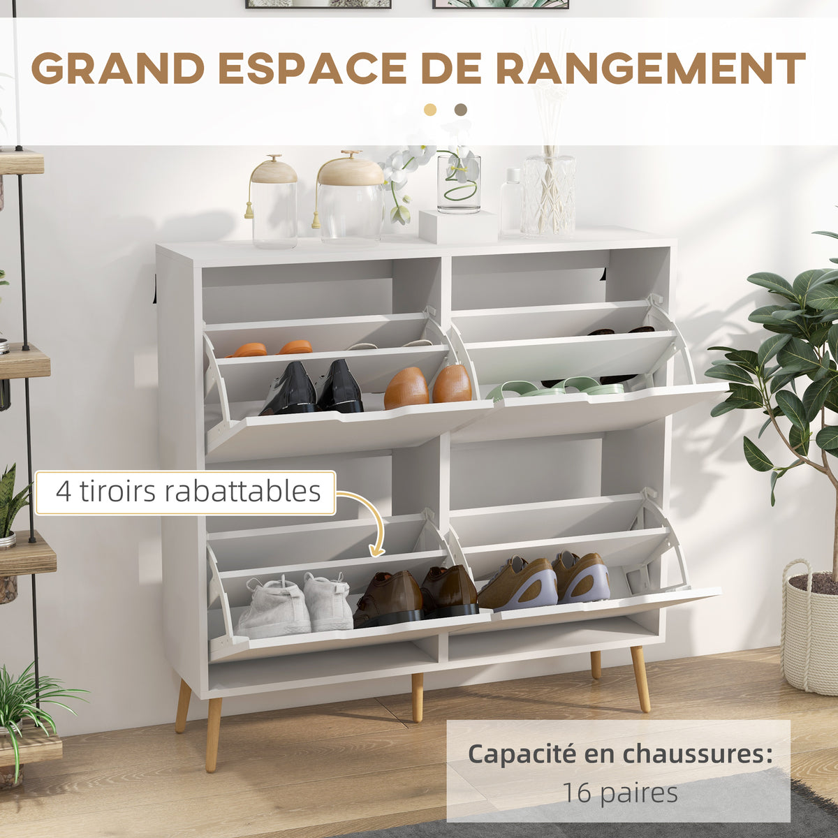 Meuble à chaussures 4 abattants 16 paires avec étagère réglable pieds en bois de pin 95 x 26 x 95 cm blanc
