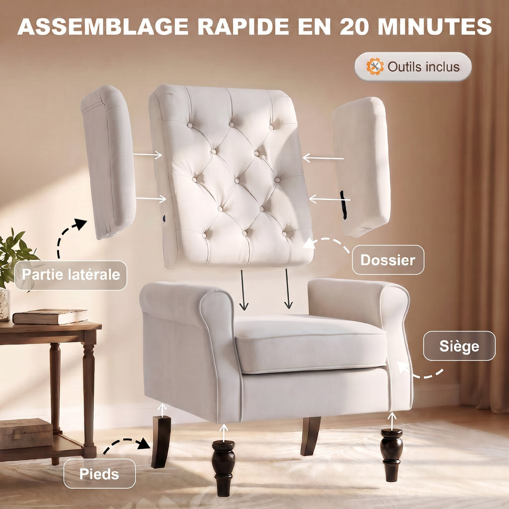 Fauteuil de Salon, Fauteuil d'Appoint Mi-Siècle Moderne en Flanelle Neige avec Haut Dossier Capitonné à Oreilles, Crème