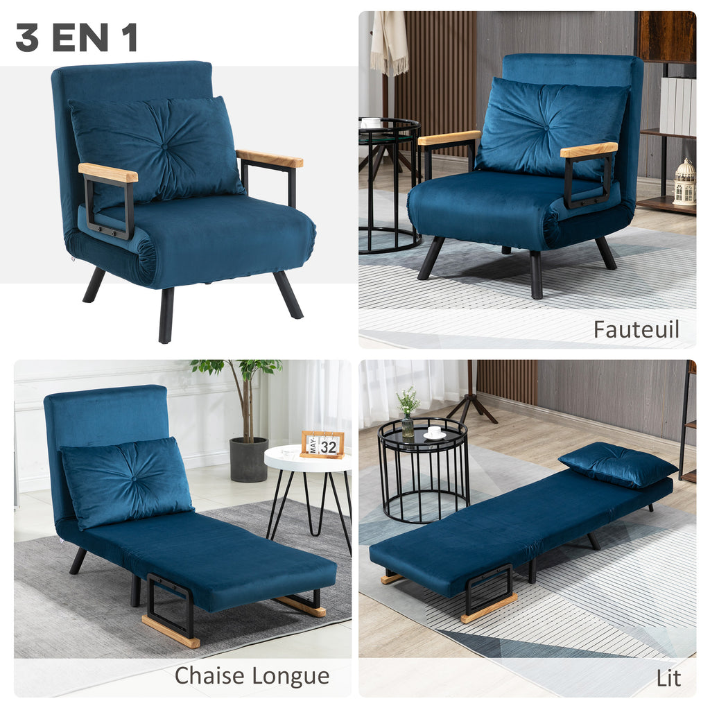 Fauteuil convertible 3 en 1 lit 1 place dossier 5 positions, accoudoirs en bois et coussin, tissu effet velours, bleu