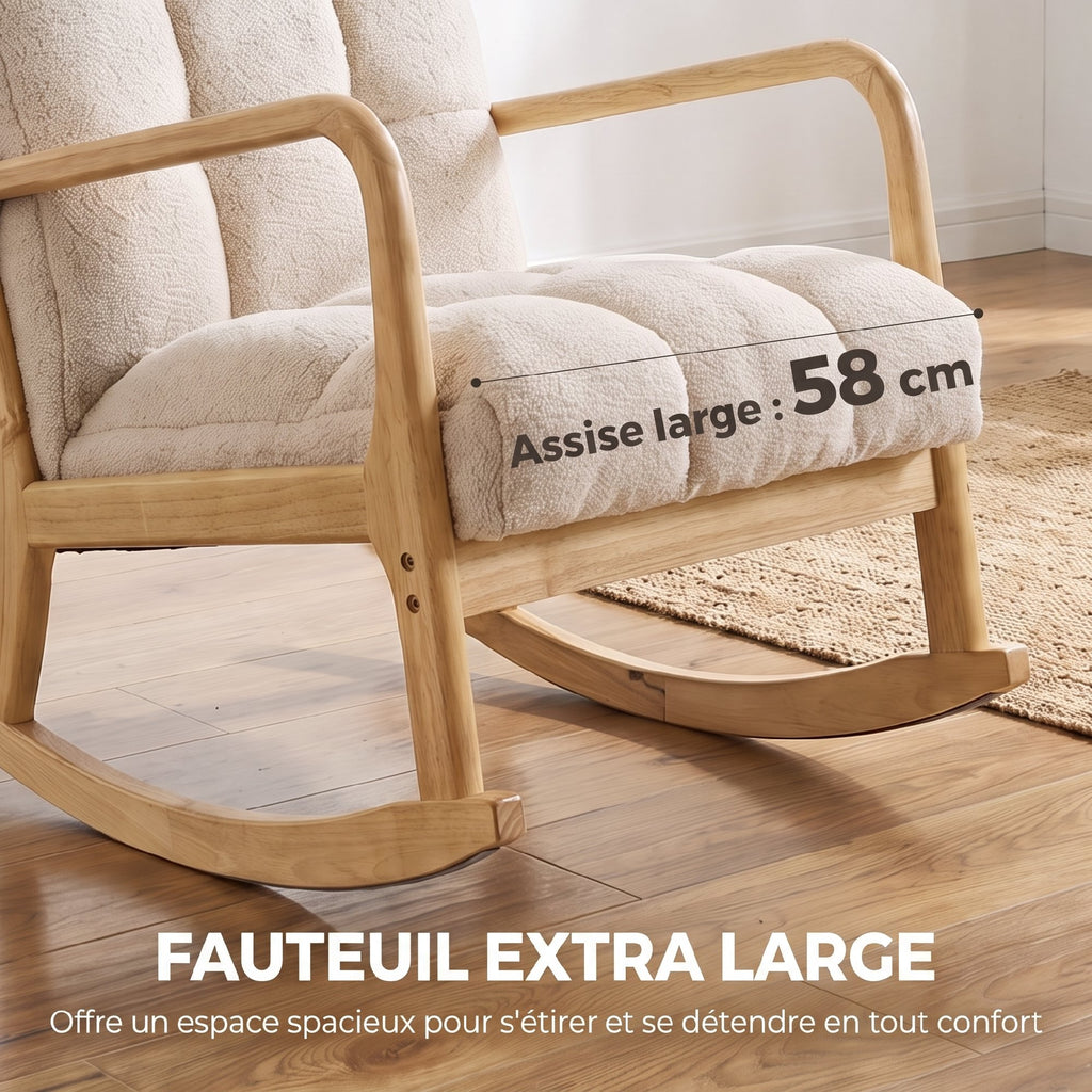 Fauteuil à Bascule avec Repose-Pieds, Rocking Chair en Tissu Bouclette, Pieds en Bois, 64,5 x 82 x 89 cm, Beige