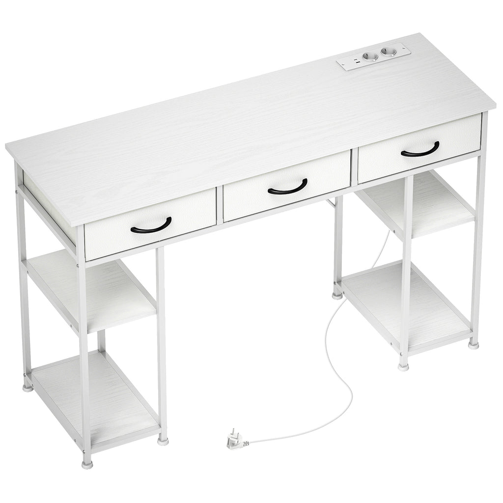 Bureau avec rangement avec prises de courant, 3 tiroirs en tissu et 4 étagères de rangement, 120 x 40 x 76 cm, blanc