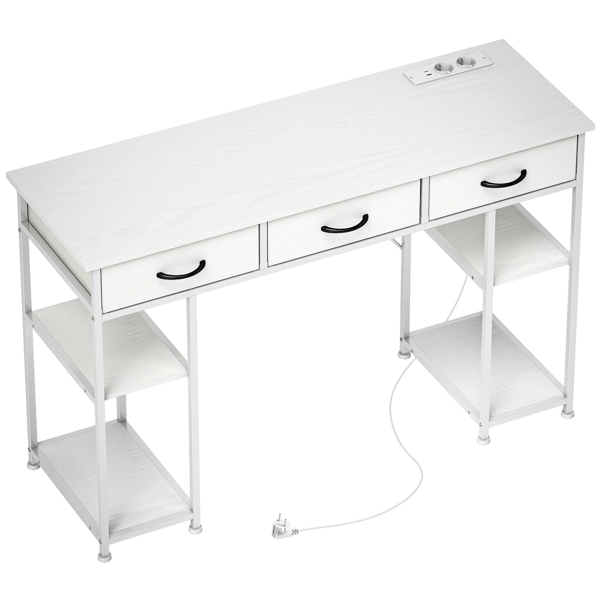 Bureau avec rangement avec prises de courant, 3 tiroirs en tissu et 4 étagères de rangement, 120 x 40 x 76 cm, blanc