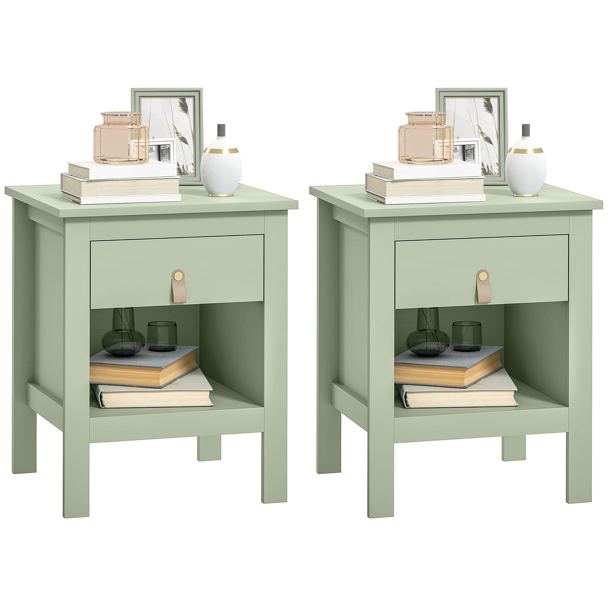Lot de 2 tables de chevet avec tiroir et compartiment ouvert, 45 x 40 x 55 cm, vert