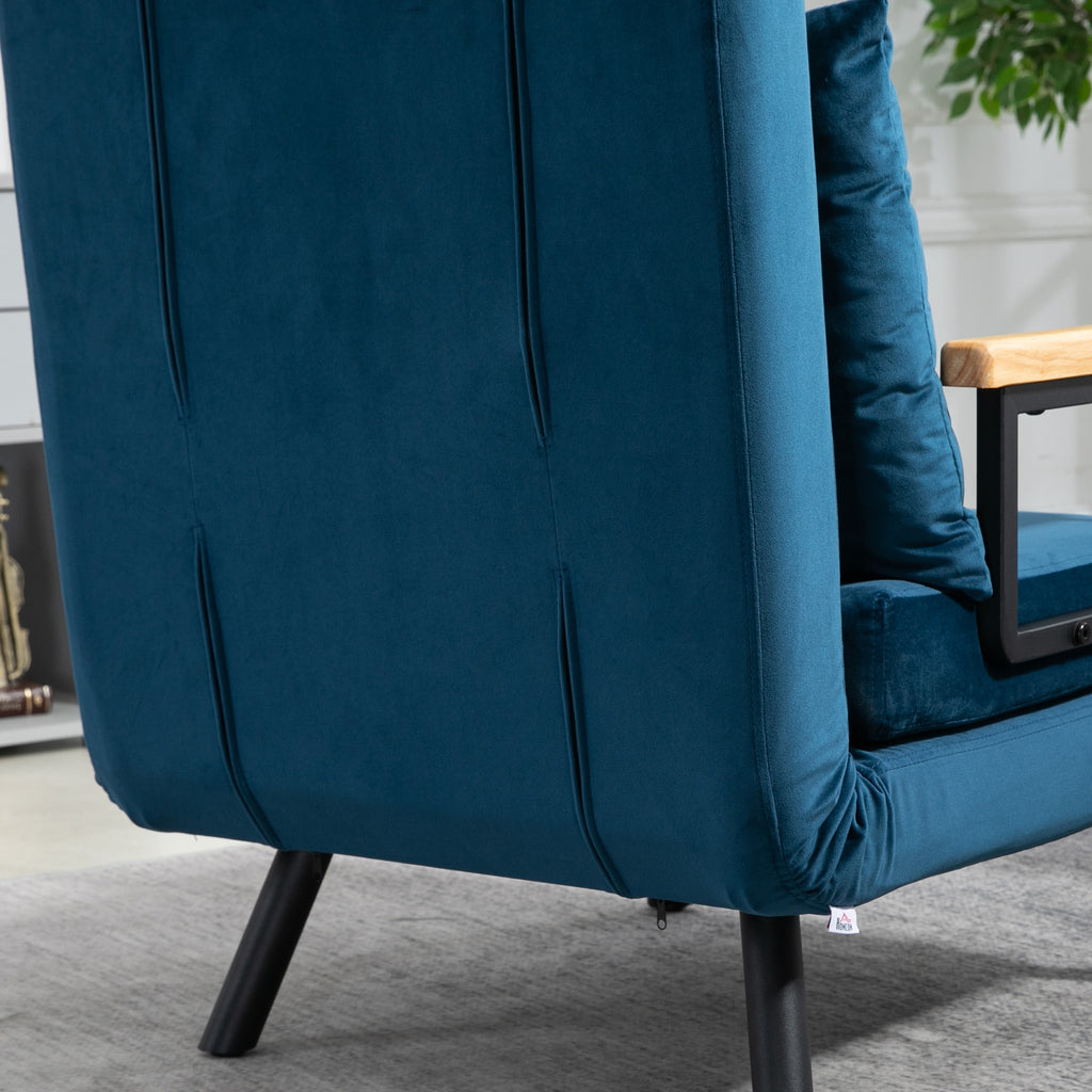 Fauteuil convertible 3 en 1 lit 1 place dossier 5 positions, accoudoirs en bois et coussin, tissu effet velours, bleu