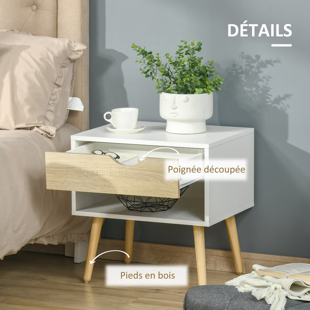 Table de chevet, table de nuit, avec tiroir, design moderne, pieds en bois massif, 50 x 39 x 51 cm, blanc et bois naturel