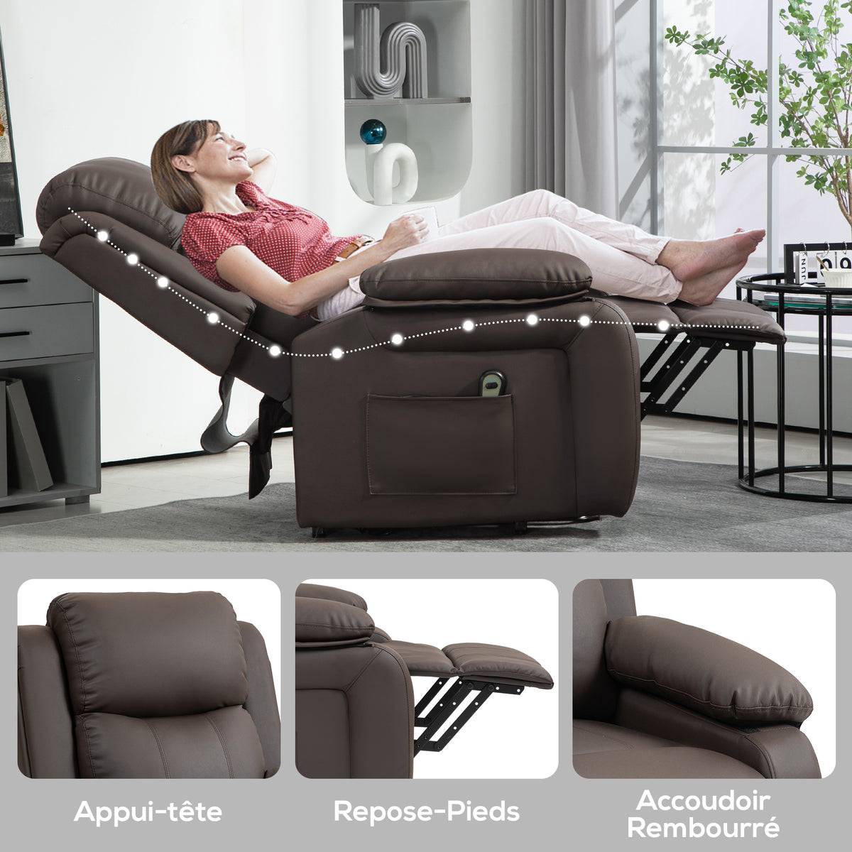 Fauteuil releveur électrique fauteuil relax électrique avec repose-pied télécommande et 2 pochettes 76x90x105cm marron