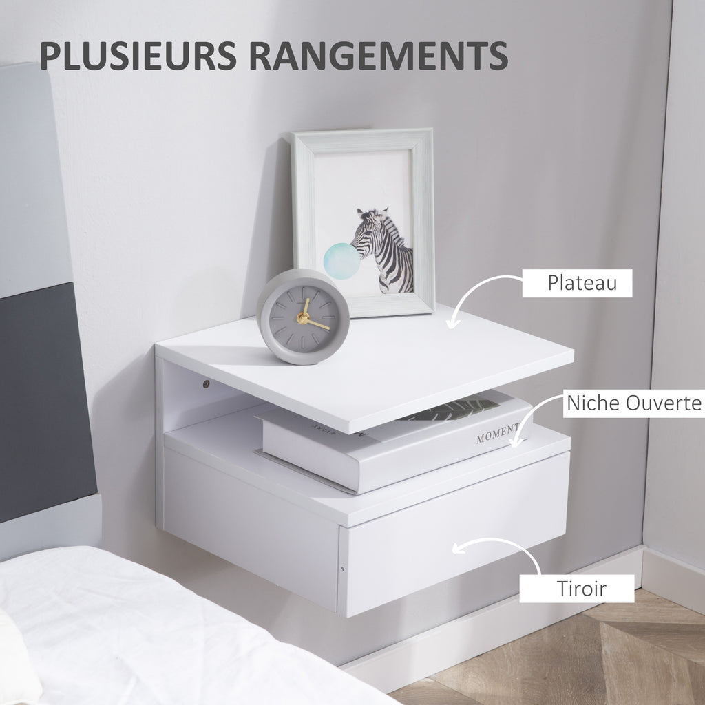 Lot de 2 tables de chevet murales, tables de nuit suspendues avec tiroir coulissant, compartiment ouvert, plateau, style moderne, pour chambre à coucher, 35 x 32 x 22,5 cm, blanc