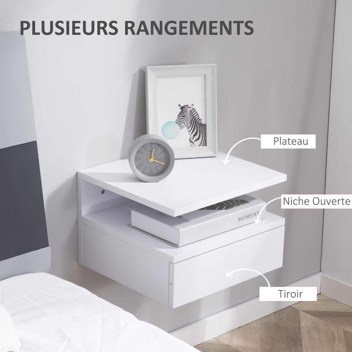 Lot de 2 tables de chevet murales, tables de nuit suspendues avec tiroir coulissant, compartiment ouvert, plateau, style moderne, pour chambre à coucher, 35 x 32 x 22,5 cm, blanc