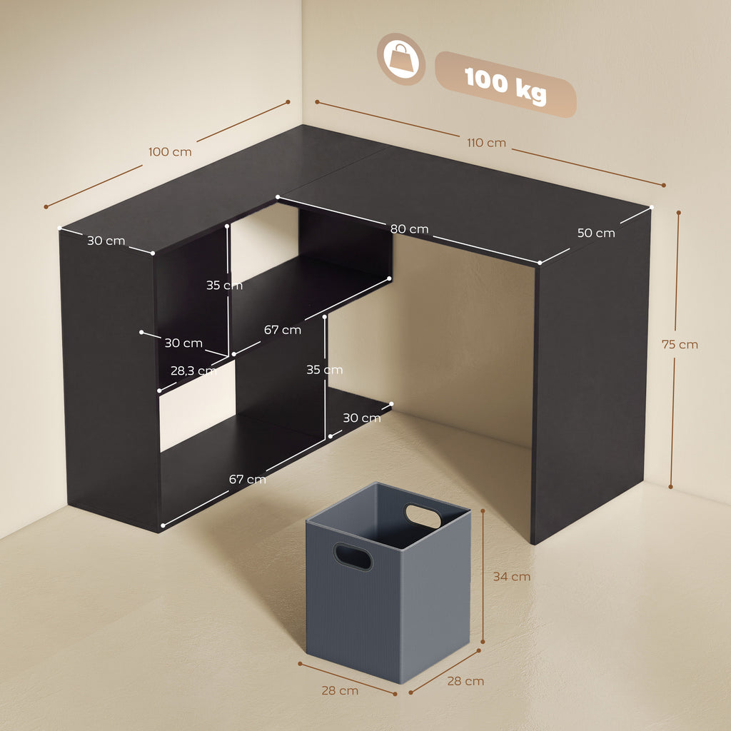 Bureau d'angle, bureau d'ordinateur avec tiroir en tissu et compartiments ouverts, 110 x 100 x 75 cm, noir