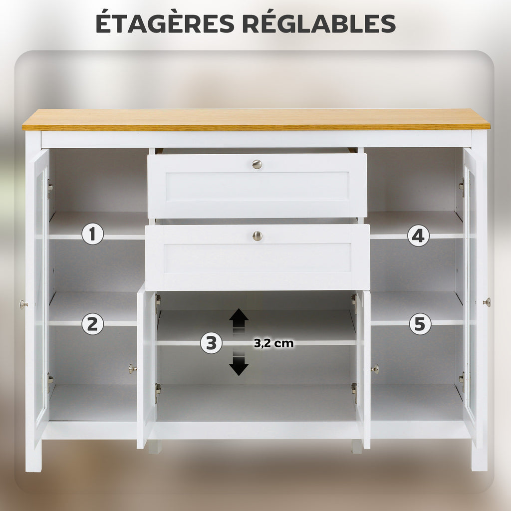 Buffet salon, meuble de rangement avec 1 placard double porte, 2 placards à porte vitrée, 2 tiroirs et étagère réglable, style moderne, buffet salle à manger et cuisine, 120x40x90cm, blanc
