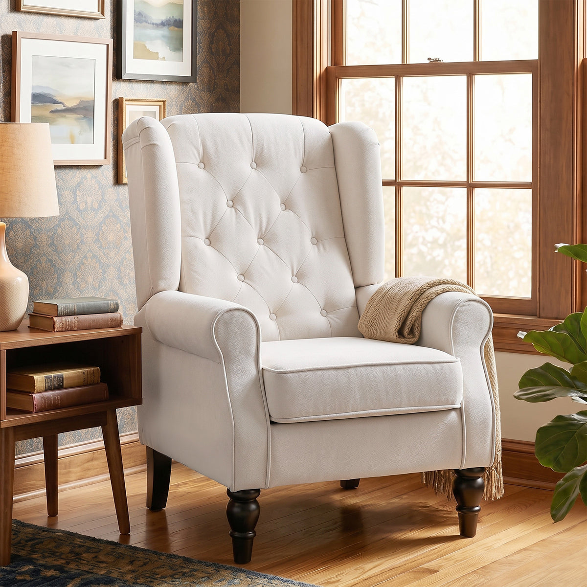 Fauteuil de Salon, Fauteuil d'Appoint Mi-Siècle Moderne en Flanelle Neige avec Haut Dossier Capitonné à Oreilles, Crème