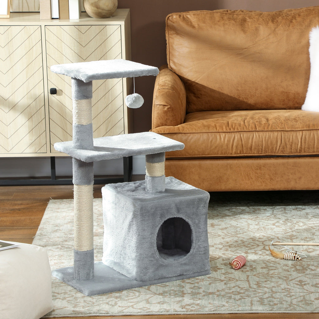 Arbre à chat tour de jeux pour chats poteaux en sisal, 2 plate-forme, niche, balle, tissu peluche, 50x30x81,5cm, gris