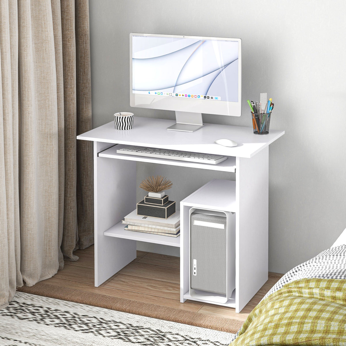 Bureau d'ordinateur, bureau avec rangement, plateau pour clavier et support de moniteur, 80 x 45 x 75 cm, blanc