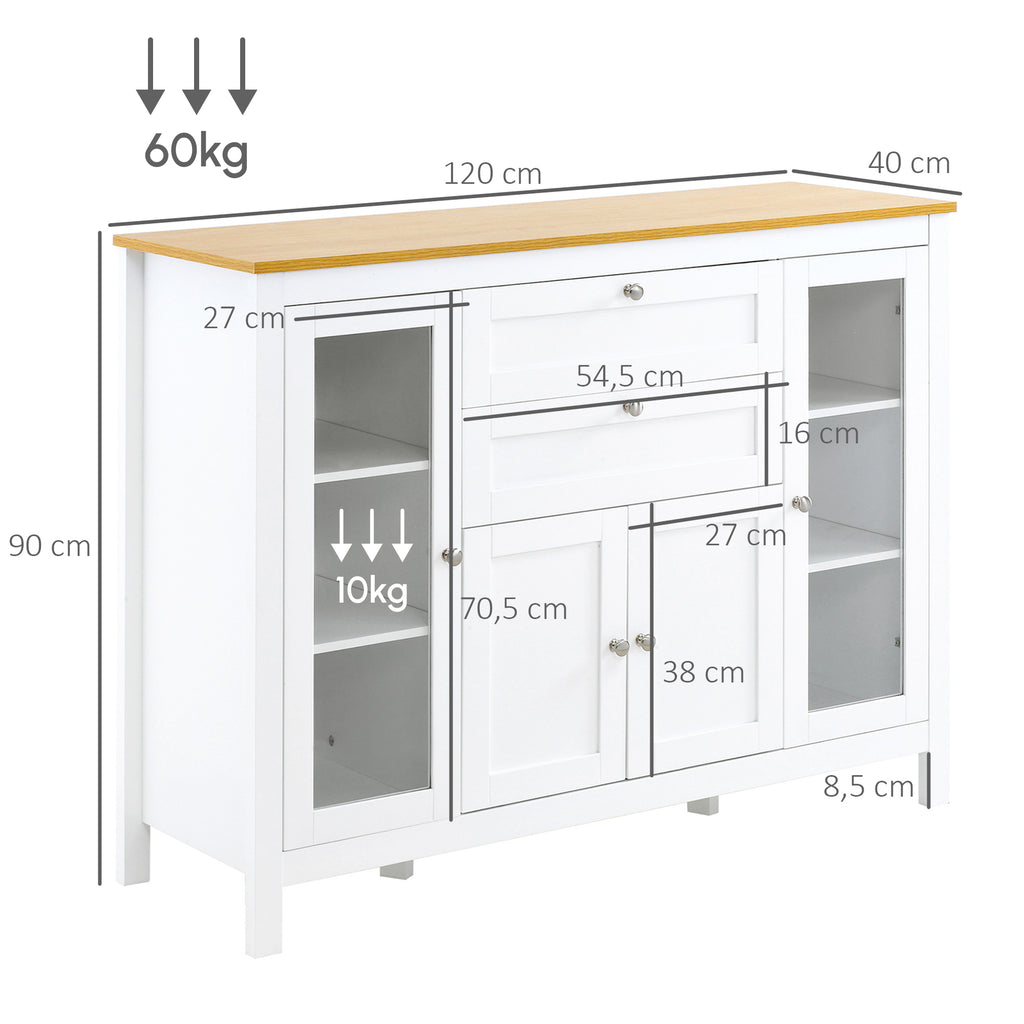 Buffet salon, meuble de rangement avec 1 placard double porte, 2 placards à porte vitrée, 2 tiroirs et étagère réglable, style moderne, buffet salle à manger et cuisine, 120x40x90cm, blanc