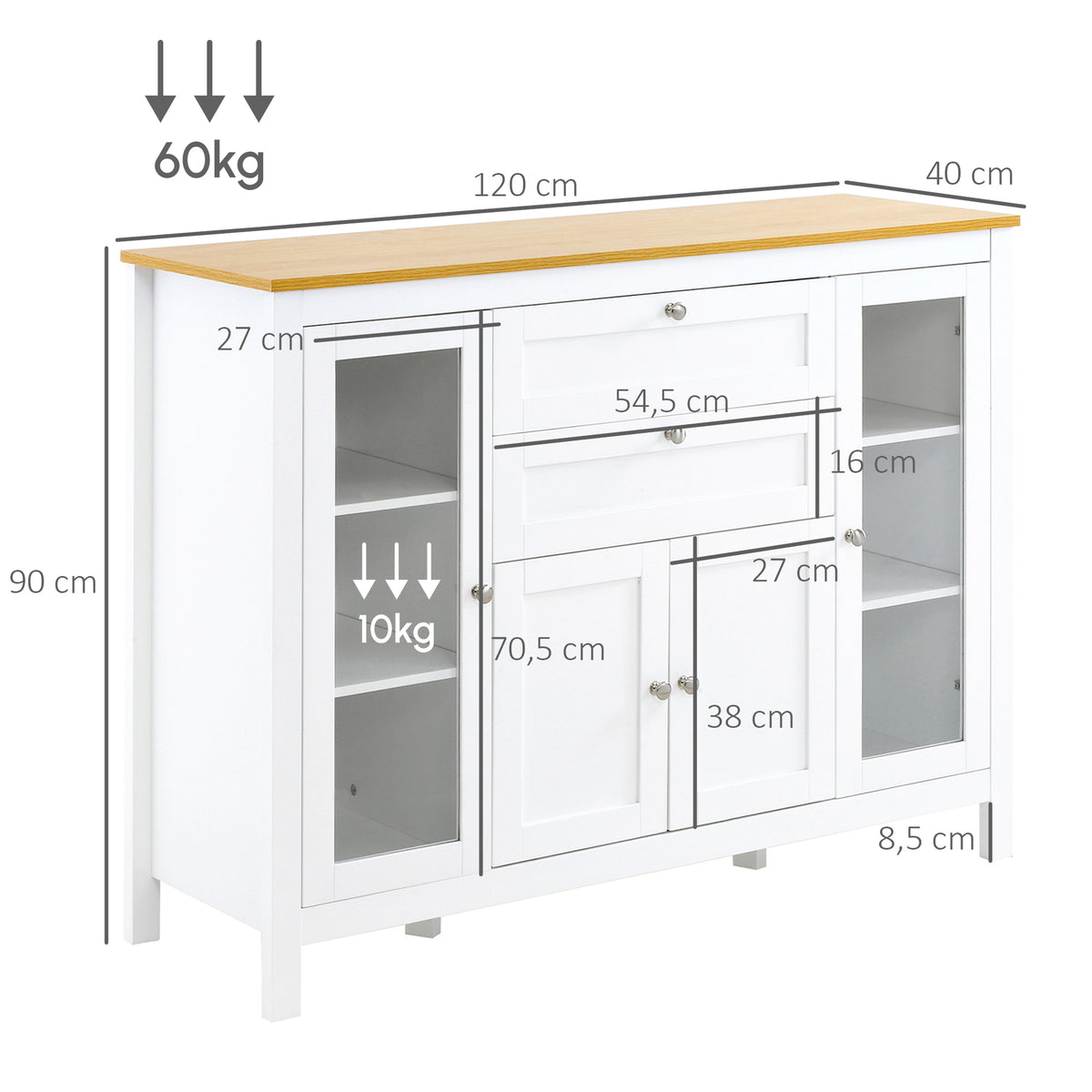 Buffet salon, meuble de rangement avec 1 placard double porte, 2 placards à porte vitrée, 2 tiroirs et étagère réglable, style moderne, buffet salle à manger et cuisine, 120x40x90cm, blanc