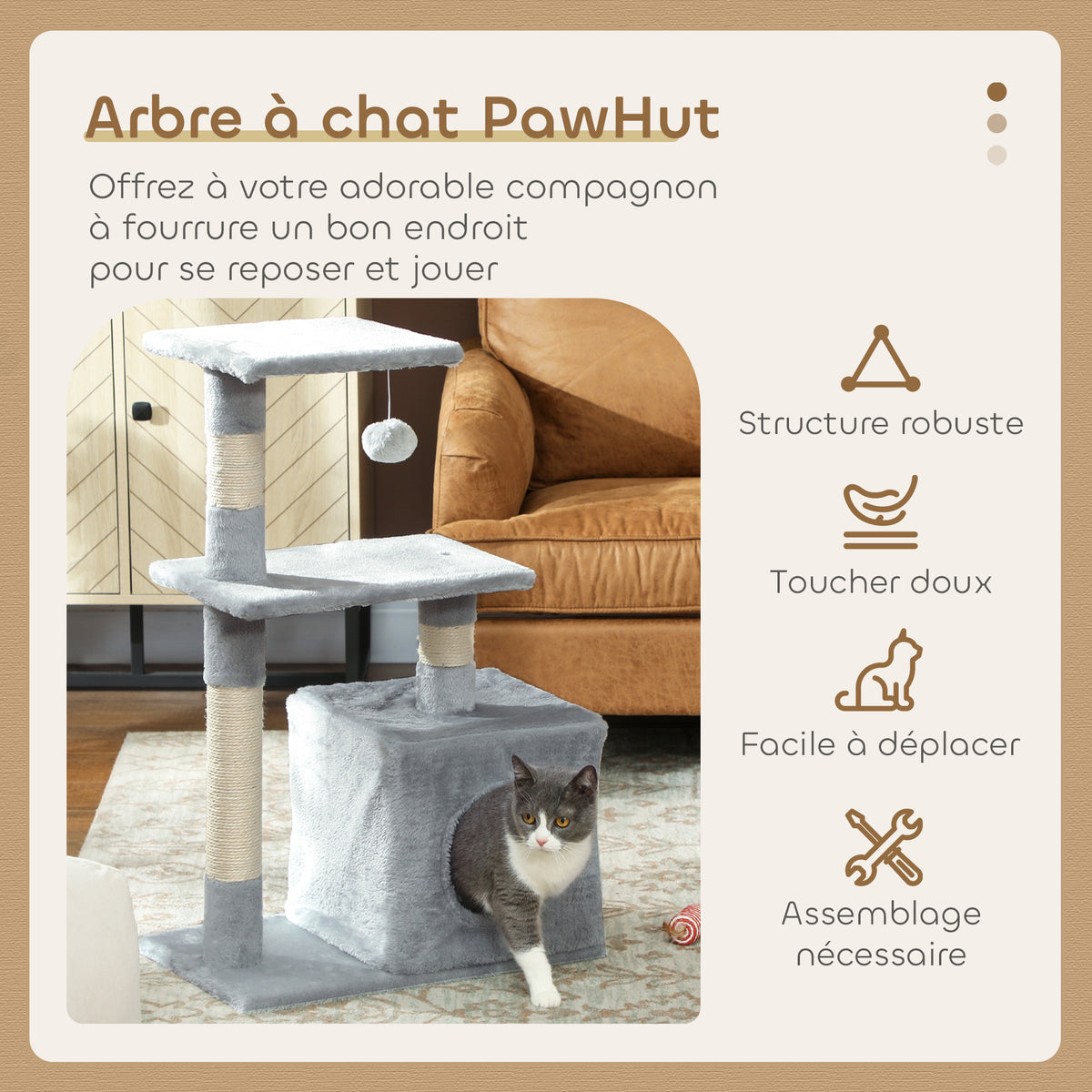 Arbre à chat tour de jeux pour chats poteaux en sisal, 2 plate-forme, niche, balle, tissu peluche, 50x30x81,5cm, gris