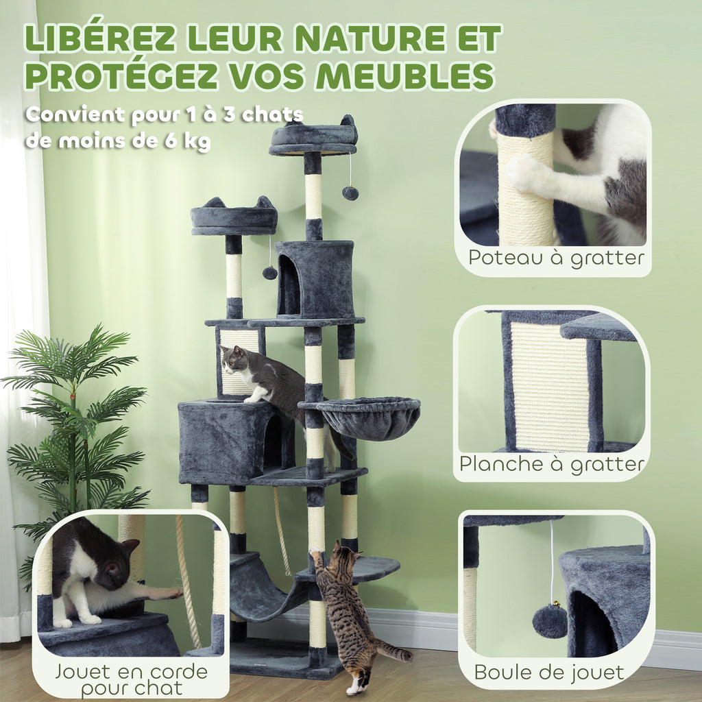 Arbre à chat 206 cm tour de jeux pour chat en peluche plusieurs niveaux idéal pour 1-3 chats 60 x 50 x 206 cm gris foncé