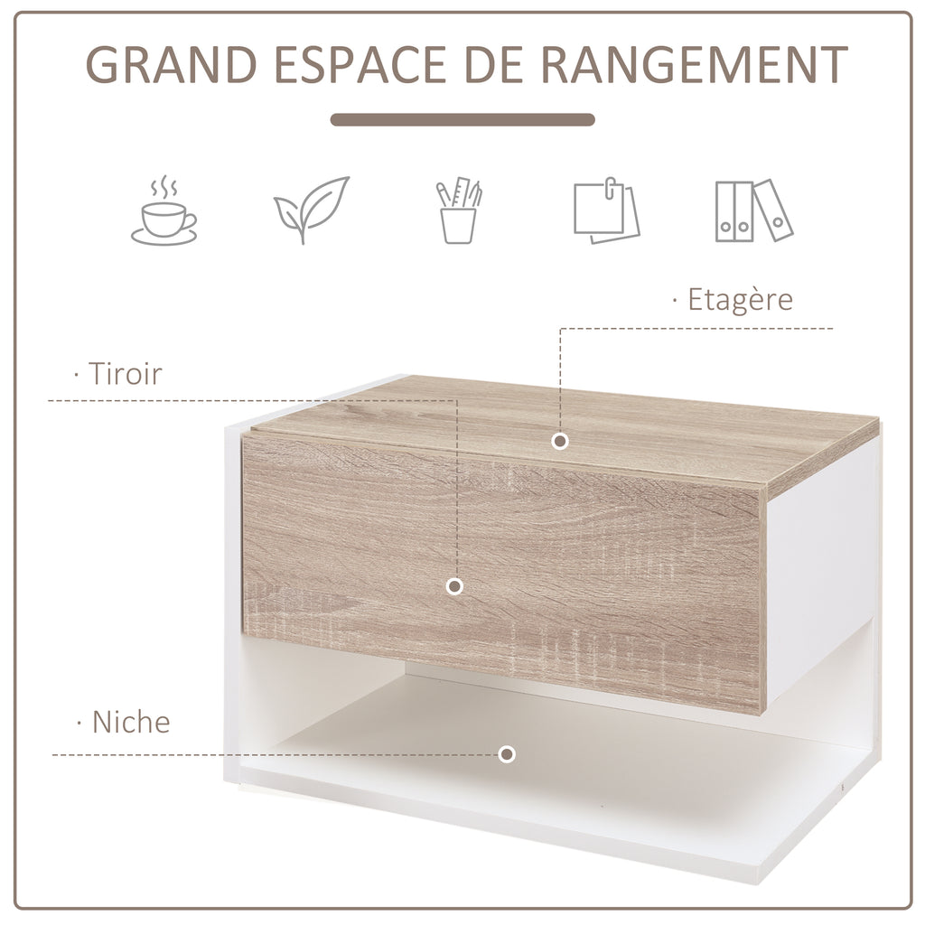 Tables de chevet suspendues Lot de 2 - Tables de Nuit murale - tiroir Coulissant - en Bois Bicolore Aspect chêne clair blanc