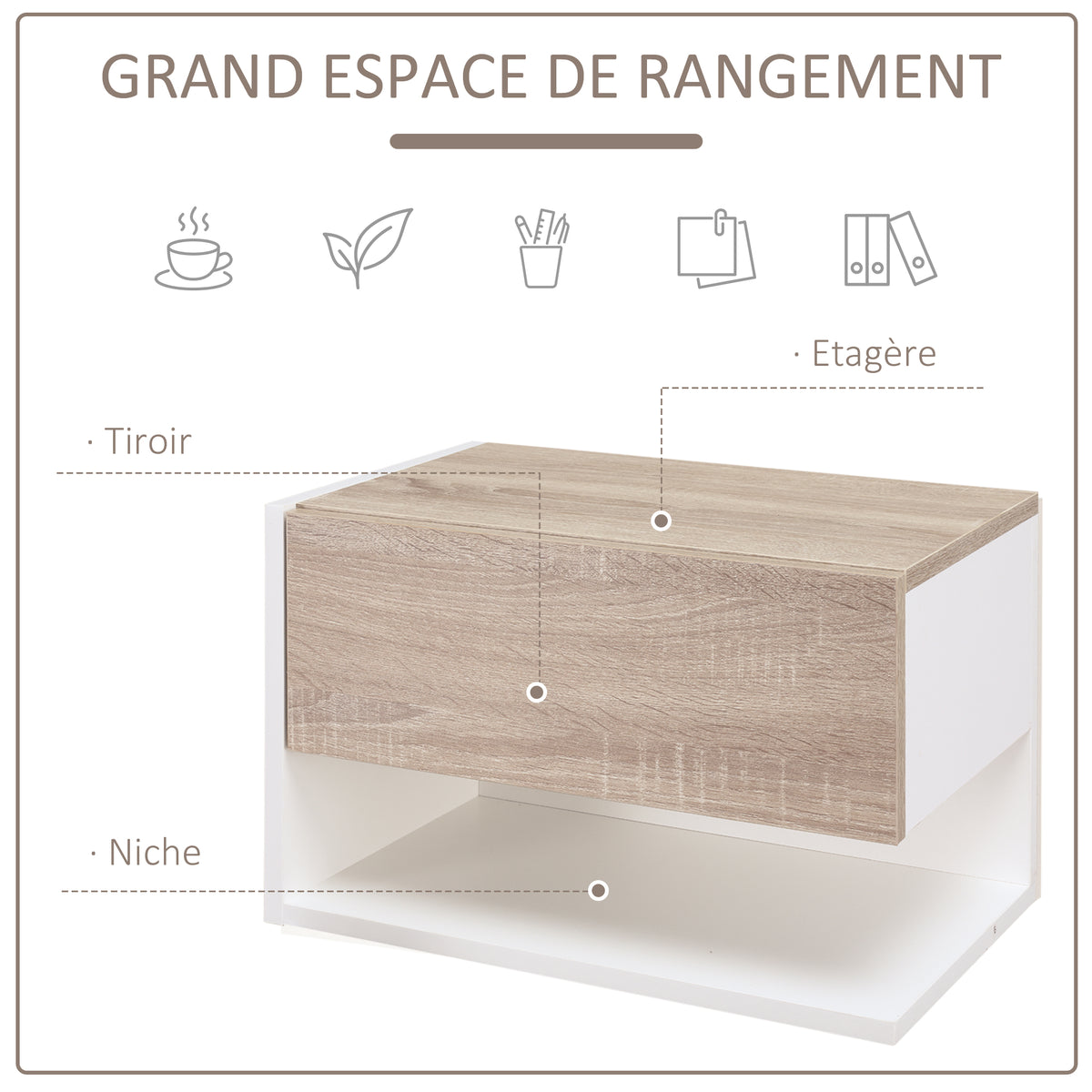 Tables de chevet suspendues Lot de 2 - Tables de Nuit murale - tiroir Coulissant - en Bois Bicolore Aspect chêne clair blanc