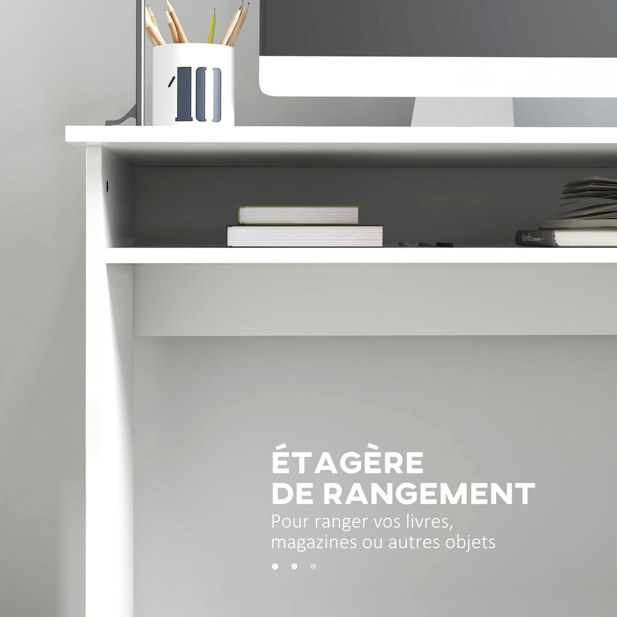 Bureau informatique sobre épuré compact avec 1 étagère, panneaux de particules, dim. 90l x 50P x 74H cm, blanc laqué