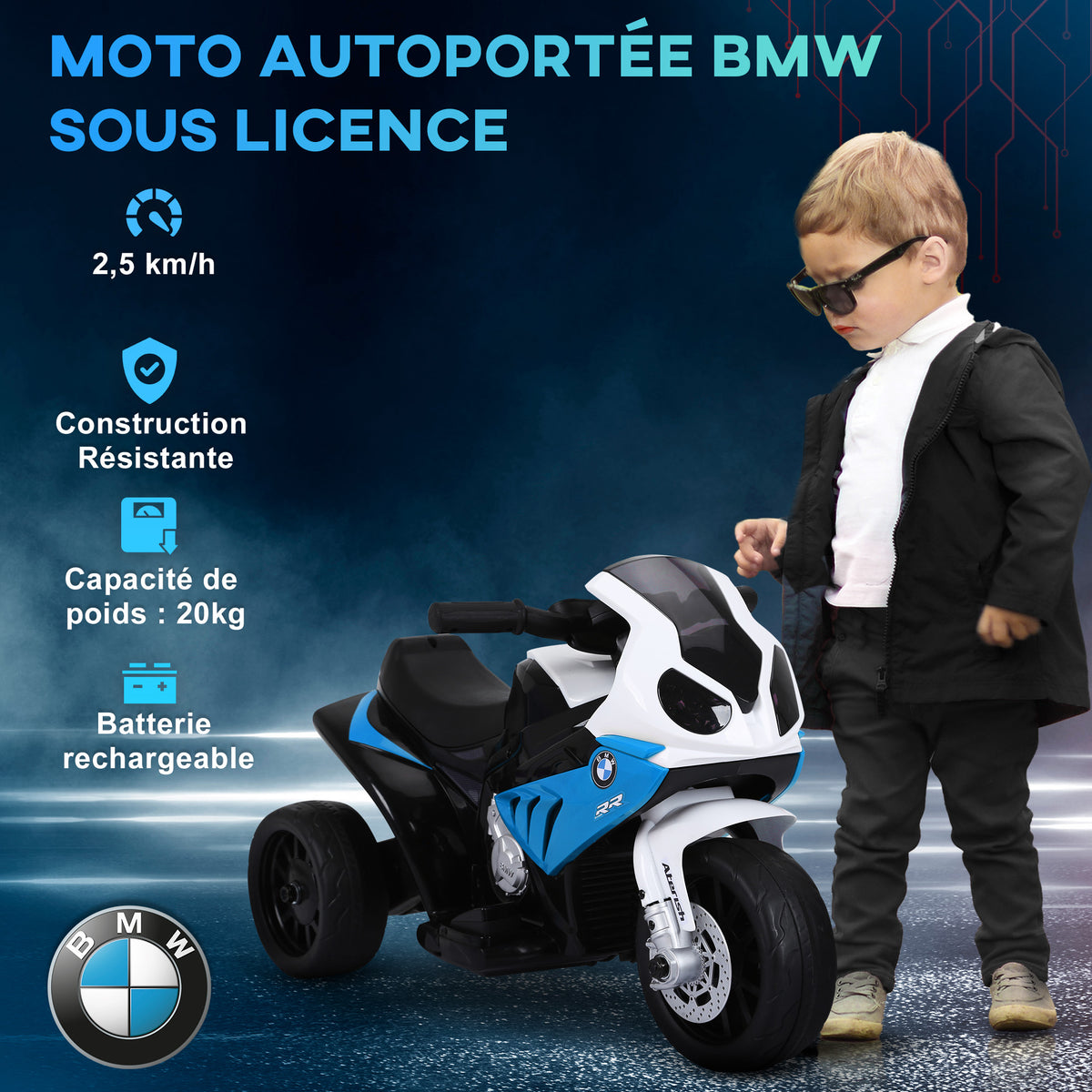 Moto électrique pour enfants 3 roues 6V 2,5 Km/h effets lumineux et sonores charge max. 20 kg BMW S1000 RR bleu