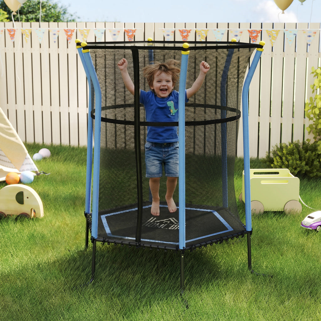 Trampoline pour enfant 1,22 x 1,11 x 1,9 m filet de sécurité porte zippée 6 poteaux rembourrés inclus bleu noir