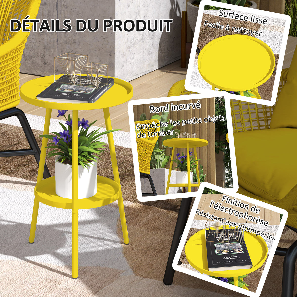 Petite table d'appoint ronde à 2 niveaux table de jardin pour terrasse salon balcon en métal Ø 32 x 51 cm jaune