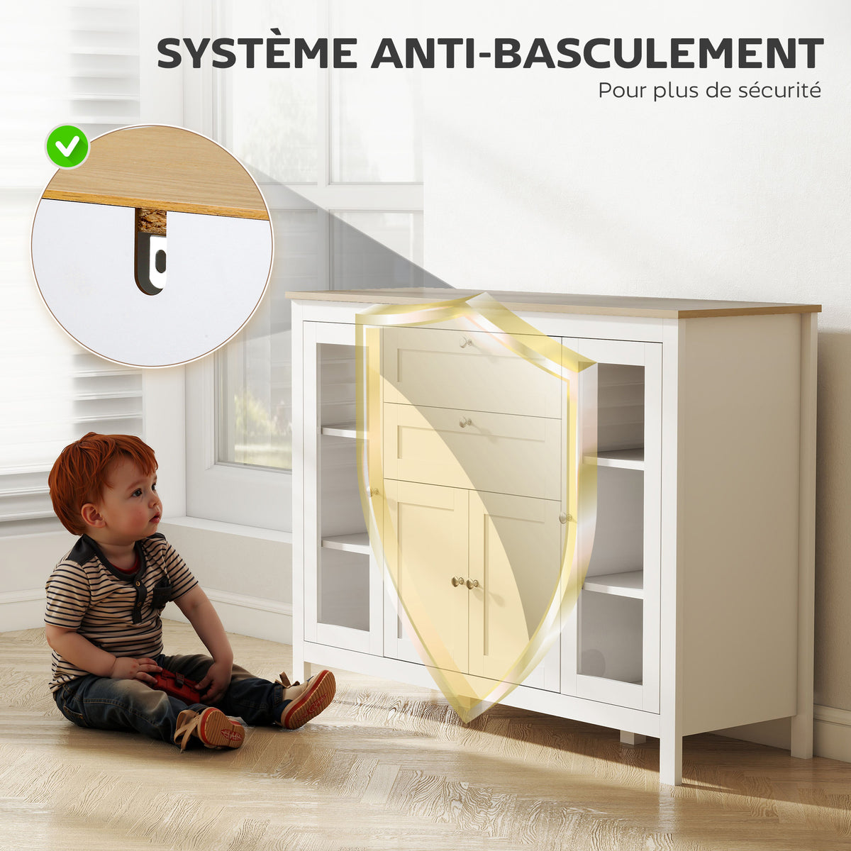 Buffet salon, meuble de rangement avec 1 placard double porte, 2 placards à porte vitrée, 2 tiroirs et étagère réglable, style moderne, buffet salle à manger et cuisine, 120x40x90cm, blanc