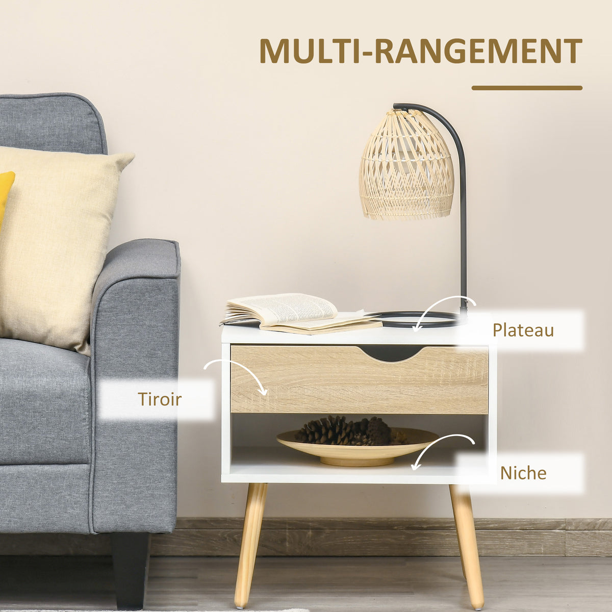 Table de chevet, table de nuit, avec tiroir, design moderne, pieds en bois massif, 50 x 39 x 51 cm, blanc et bois naturel