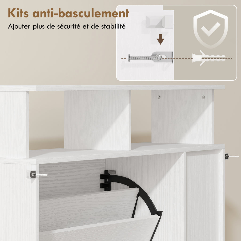 Meuble à chaussures, armoire à chaussures, 2 tiroirs rabattables, compartiments ouverts et étagère réglable, blanc