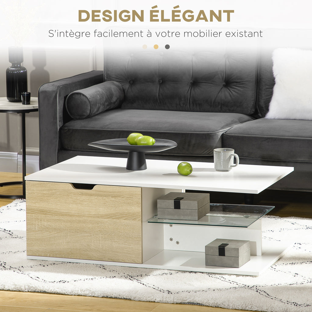 Table basse rectangulaire design contemporain 2 tiroirs 2 niches étagère verre trempé panneaux blanc aspect chêne clair
