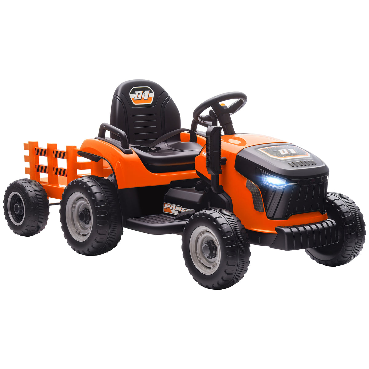 Tracteur électrique enfants avec remorque amovible, voiture électrique enfants, télécommande 2,4G, 139x58x55cm, orange