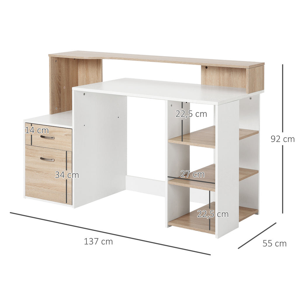 Bureau informatique avec 2 tiroirs, bureau avec rangement, 137 x 55 x 92 cm, étagères ouvertes et tablette