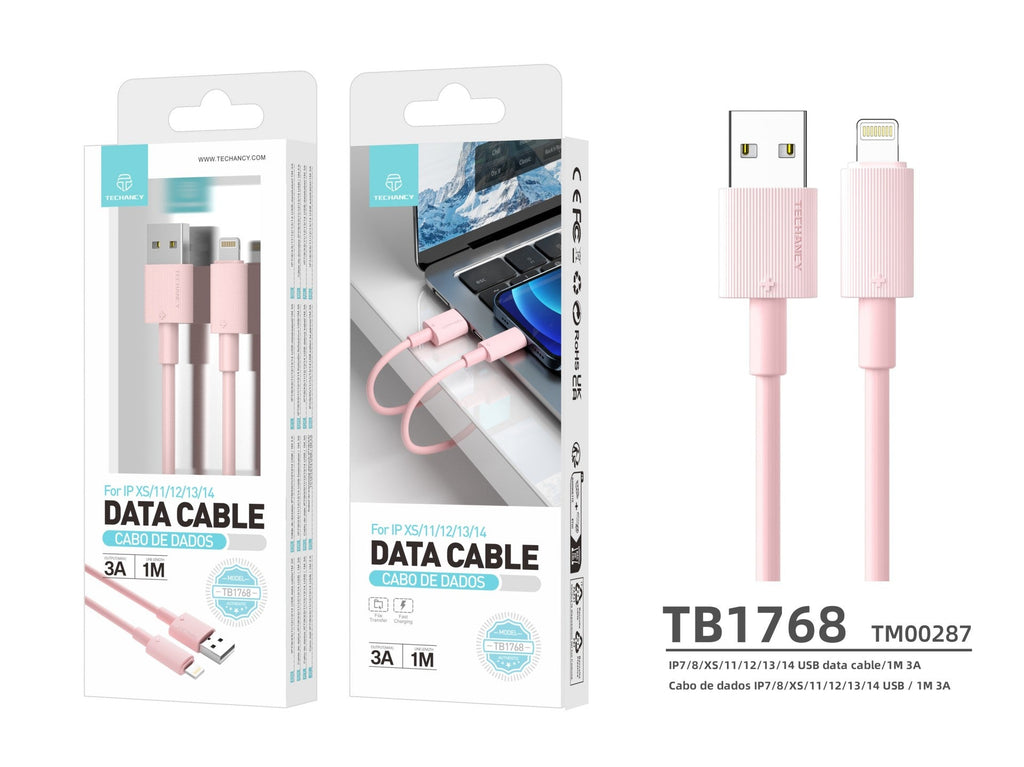 Techancy Cabo De Dados Usb-Lightning cor-de-rosa TB1768, Comprimento 1m Suporta Corrente De 3A E Transferência De Dados De 480mbps,