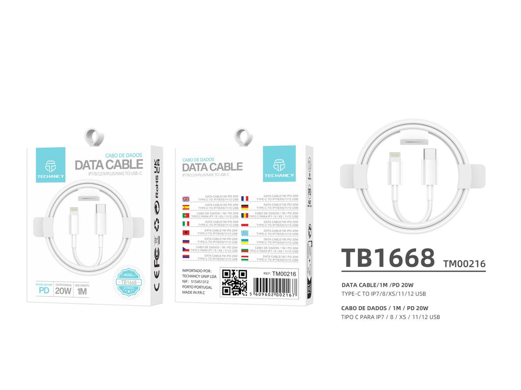 Techancy Cabo De Dados De Carregamento Rápido Pd 20w 1m TB1668, Interface Usb C-Ip8/X/11-14, Compatível Com Iphone, Ipad