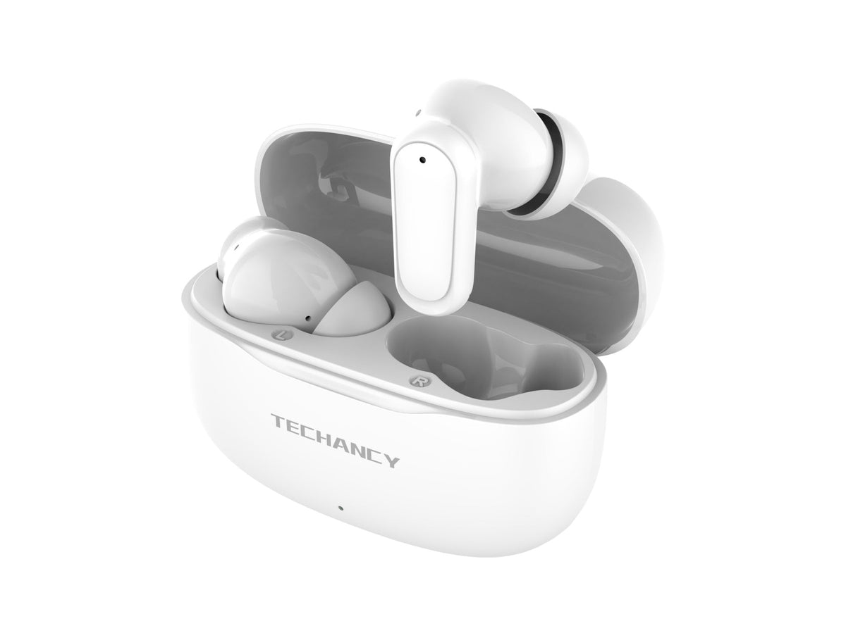 Techancy Auriculares Bluetooth TWS Wireless 5.4 KP2715 Microfone HD Toque inteligente USB C para Android iPhone Branco
