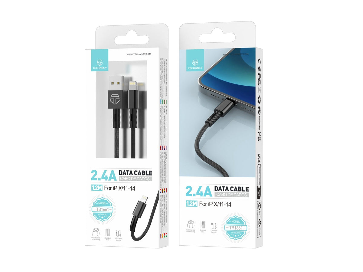 Techancy Cabo De Dados Usb-Lightning Preto TB1717, Carregamento Rápido De 2,4 A, Liga De Alumínio + Entrançado 1,2 M