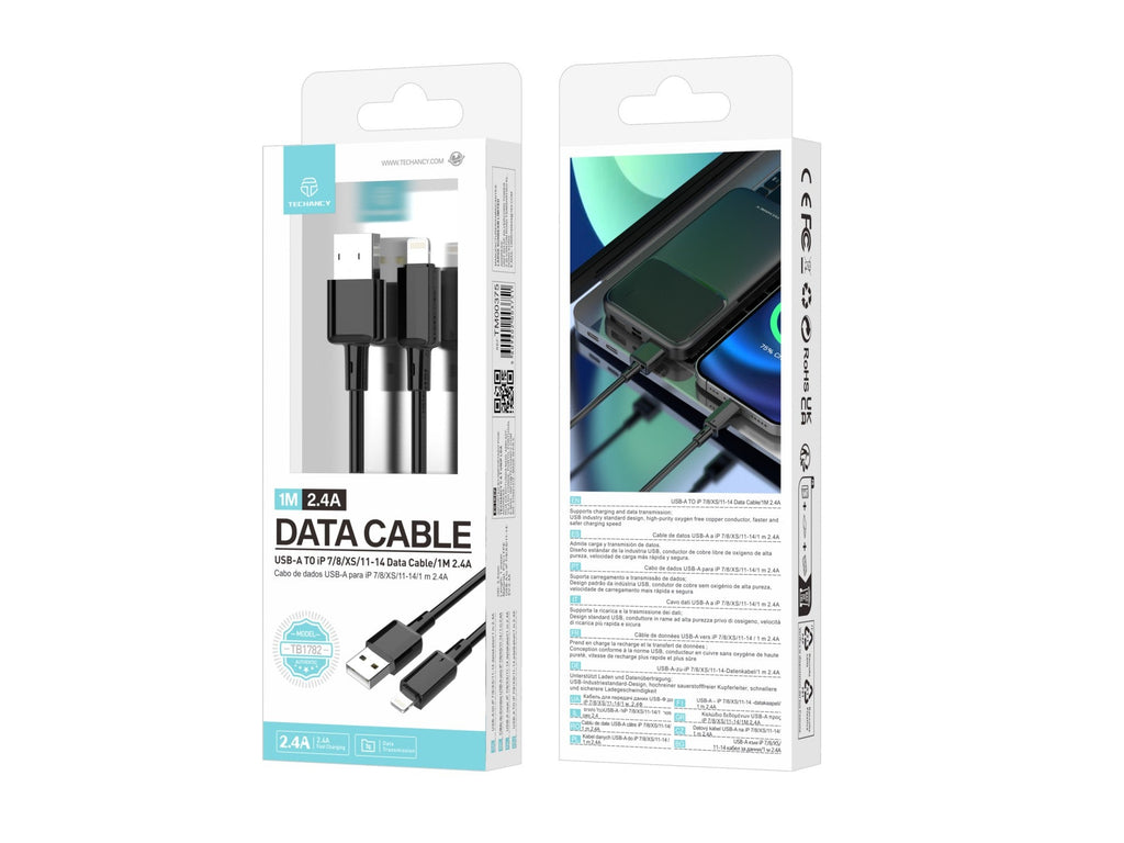 Techancy Cabo USB A para iPhone TB1782 1m 2.4A Carregamento rapido e dados iPhone 7 8 XS 11 12 13 14 Preto